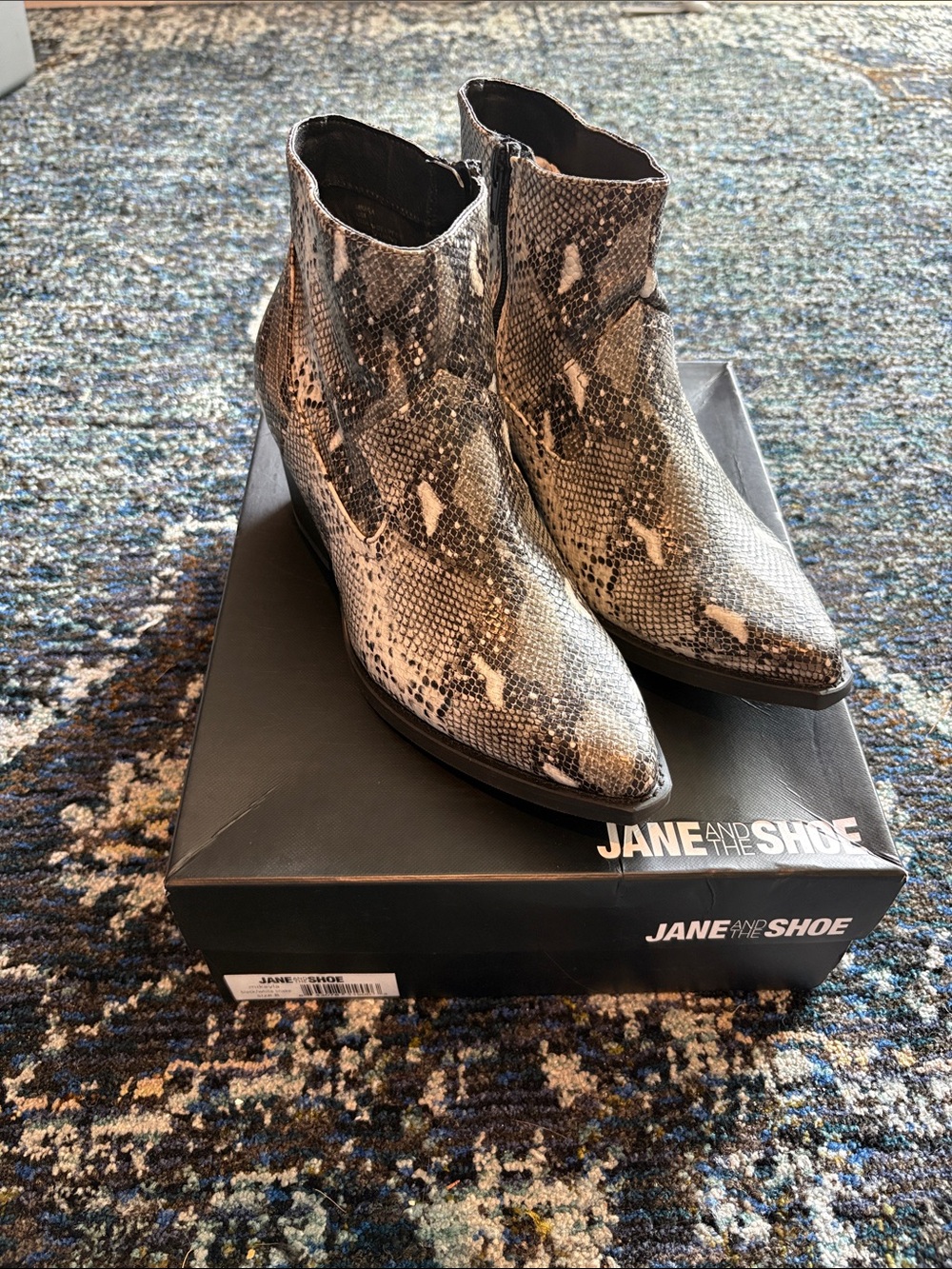 JANE AND THE SHOE Snake-Print Pointed Ankle Booties — Black & Gray